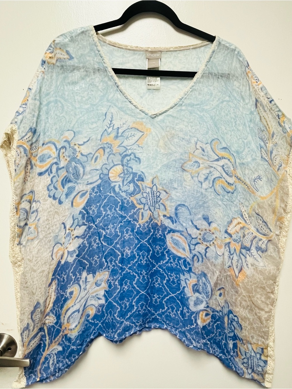 Chico's Blue and Cream Floral V-Neck Tunic